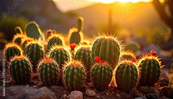 Fototapeta Golden sunset illuminates a cluster of desert cacti