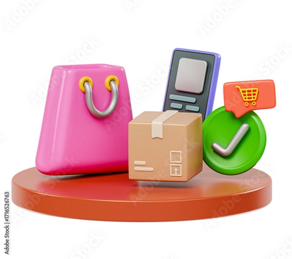 Fototapeta Online shopping concept with shopping bag, delivery package box. 3d rendering