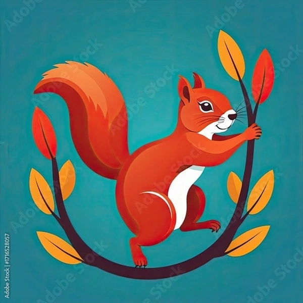Fototapeta Colorful cartoon squirrel climbing a branch with autumn leaves against a vibrant blue background