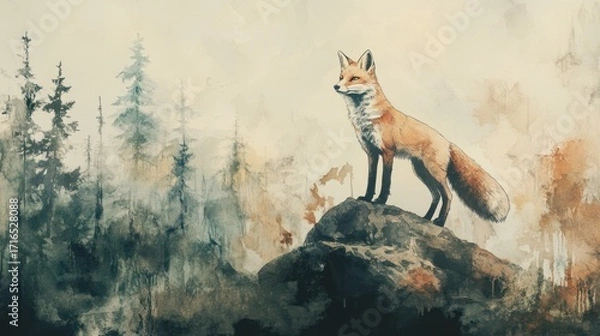 Fototapeta Fox standing on rock in forest