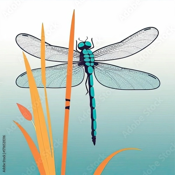Fototapeta Beautiful dragonfly perched on reeds by a serene water surface in a vibrant summer setting
