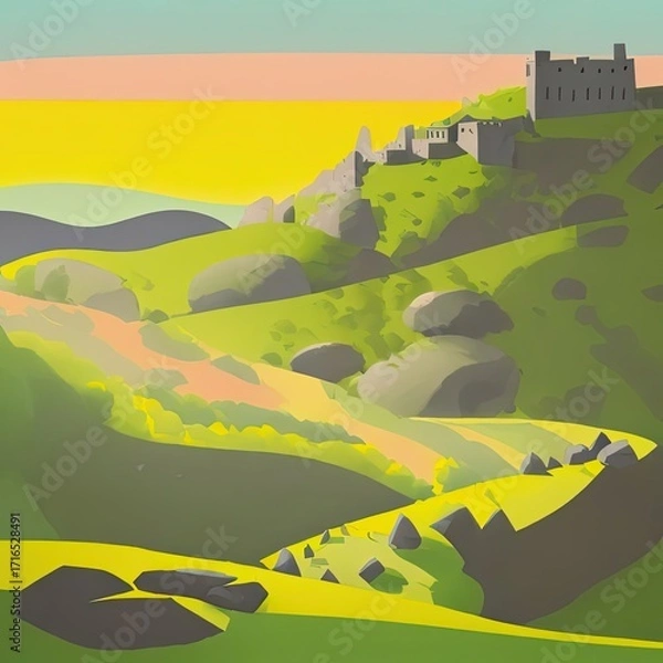 Fototapeta Vibrant sunset over rolling green hills with an ancient castle perched on the summit