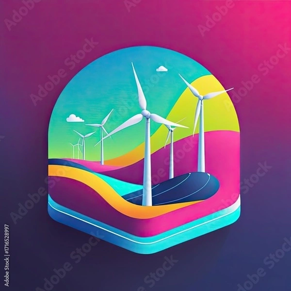 Fototapeta Colorful abstract representation of wind turbines in a vibrant landscape with rolling hills and bright skies