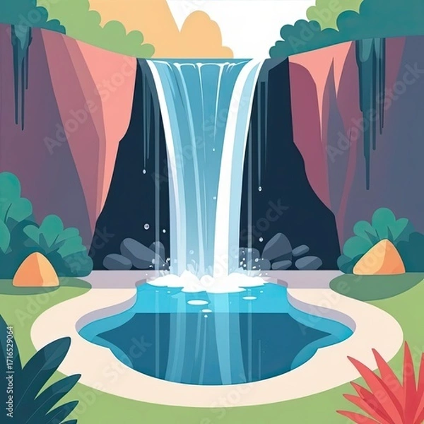 Fototapeta Breathtaking waterfall cascades into a serene pool surrounded by lush greenery in a tranquil setting