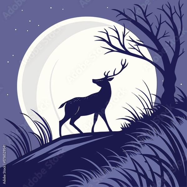 Fototapeta vector illustration of a deer | Majestic Deer in a Moonlit Forest | Deer Howling at the Full Moon