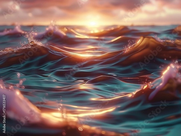 Fototapeta Sunset light reflecting on ocean waves, glowing seascape with golden highlights, abstract water surface background, generative AI