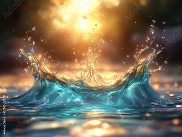 Fototapeta Golden sunlight shining on turquoise ocean waves, abstract water splash background, surreal seascape in fantasy style, generative AI
