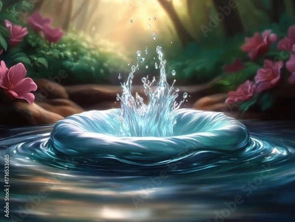 Fototapeta Shimmering pink and blue ocean wave glowing with surreal light, magical water surface in motion, fantasy seascape close-up, generative AI illustration