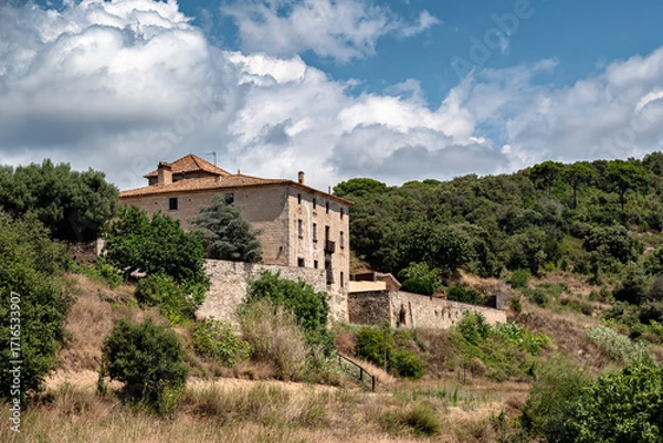 Fototapeta Large old stone house on a mountainside, surrounded by greenery, against a backdrop of a blue sky with white clouds.