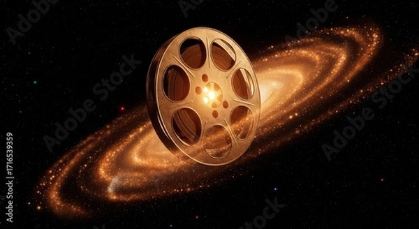 Fototapeta Golden film reel floating in space with a glowing galaxy background and stars in the dark night