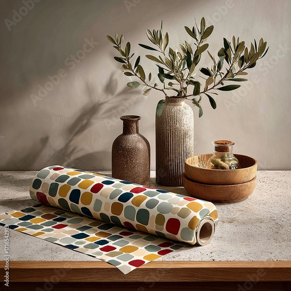 Fototapeta Flat sheet of modern wrapping paper with geometric pattern, placed o neutral tabletop