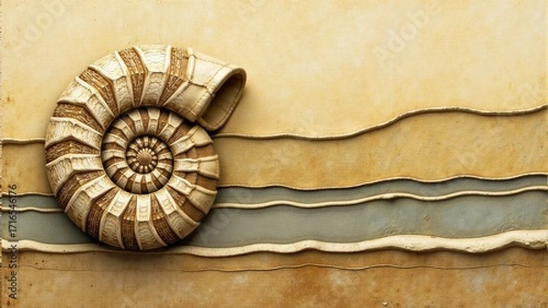 Fototapeta Intricate Spiral Shell rests gracefully against a textured sandy backdrop in soft pastel hues at dusk
