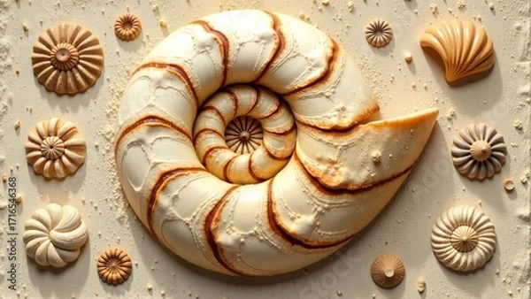 Fototapeta Creative display of sea shells arranged in an artistic spiral on a sandy background with intricate textures and colors in warm tones