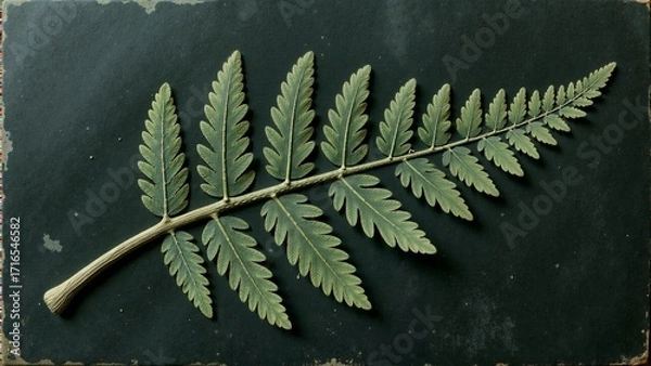 Fototapeta Intricate green fern leaf relief displayed against a rustic dark background showcasing nature's elegance and craftsmanship
