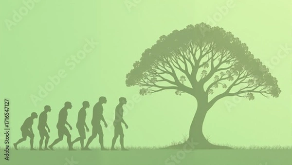 Fototapeta Journey through evolution from tree to humans in a harmonious landscape filled with growth and connection