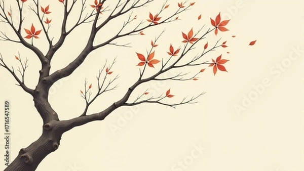 Fototapeta Dancing autumn leaves swirl from bare branches in a serene landscape filled with soft light and tranquility