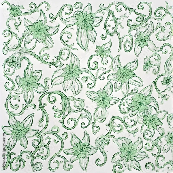 Fototapeta Seamless vector floral pattern with green leaves, ornate vintage flowers, and a damask-like texture perfect for a wallpaper or textile design.