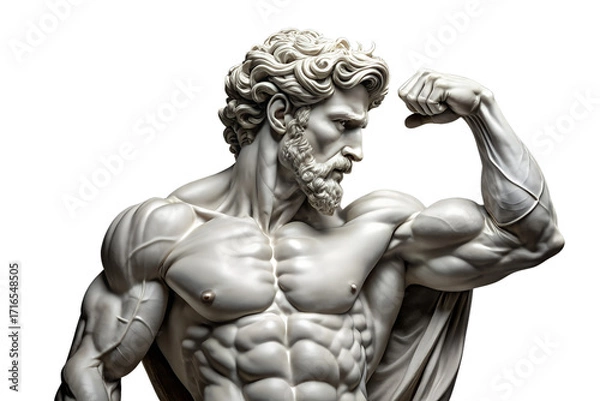 Obraz Ancient Greek Sculpture of a Muscular God Flexing Biceps and Pecs in Classical Art Style, Representing Strength and Power