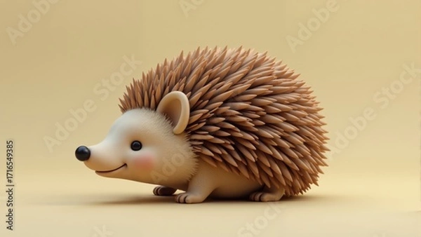 Fototapeta Adorable cartoon hedgehog exploring a vibrant yellow backdrop in a whimsical forest setting during a sunny day