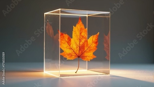 Fototapeta Captivating autumn leaf encased in translucent box with gentle light illuminating its vibrant colors