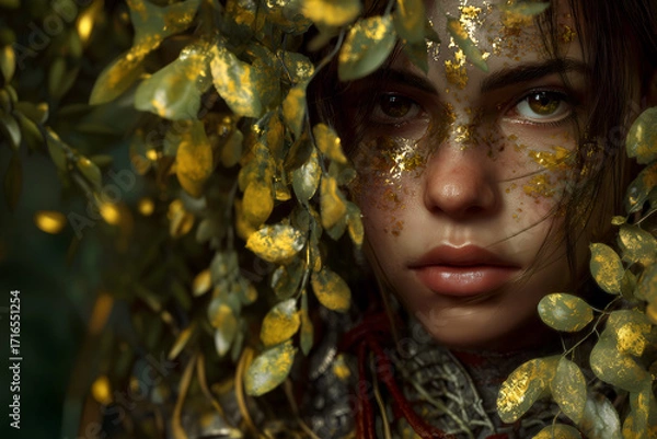 Fototapeta Fashion surreal Concept. Closeup of pretty childlike woman with intense emotional eyes with gold flakes on face surround with pyrite leaf leaves foliage. copy text space