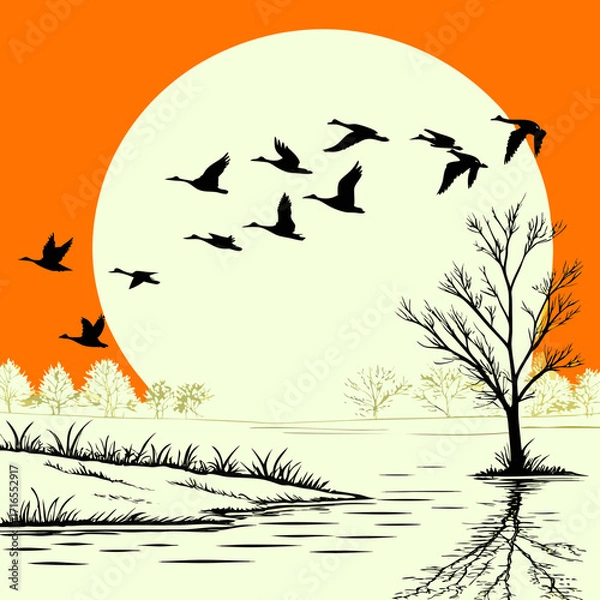 Fototapeta Migrating Geese over a Lake at Sunset