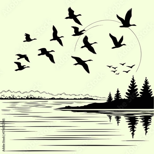 Fototapeta birds on the lake | Migrating Geese over a Lake at Sunset