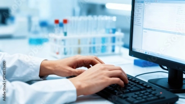 Fototapeta Scientist working on a computer in a laboratory setting, typing on a keyboard.