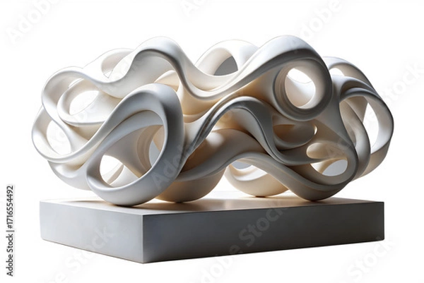 Obraz Intricate modern sculpture of flowing white ribbons and organic loops, creating a dynamic cloud-like form on a solid base against a clean white background