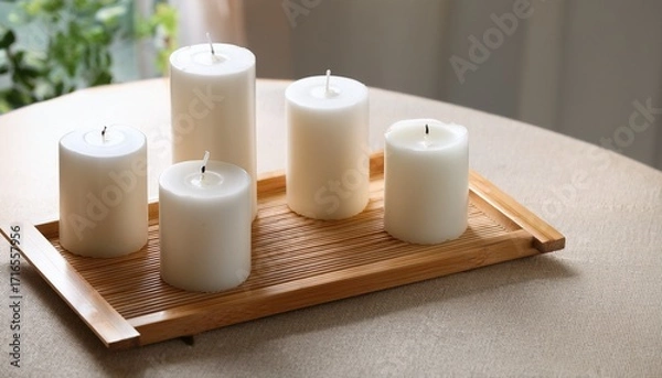 Fototapeta White Pillar Candles On Bamboo Tray High Resolution Picture