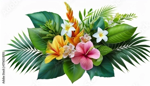 Fototapeta Vibrant Tropical Floral Bouquet Illustration With Green Leaves And Blossoms Isolated On Transparent Background