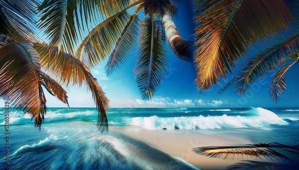 Fototapeta Beach Scene Palm Trees Blue Inspiring Magazine Listing Sunlight Study Thick Visible Brush Strokes Unique Deep Swirling