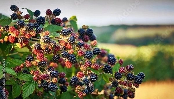 Fototapeta An Abundance Of Blackberries Growing On A Bush In Rural Cornwall With A Shallow Depth Of Field