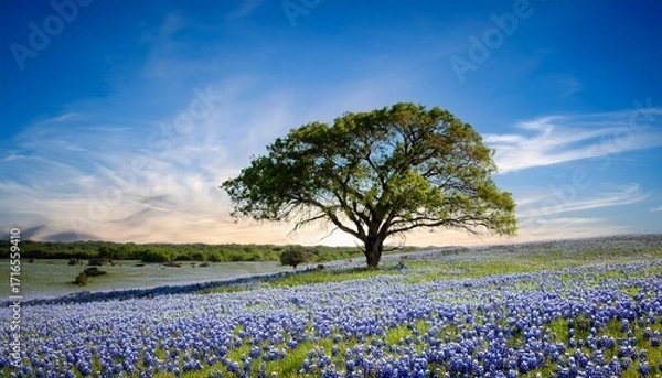 Fototapeta Lone Tree In Field Of Bluebonnets