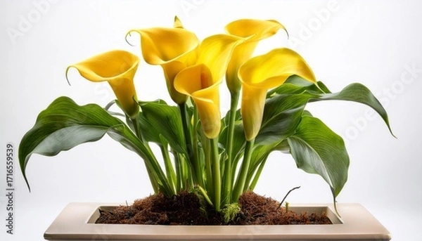 Fototapeta Yellow Calla Lily Plant Growing In Pot On White Background