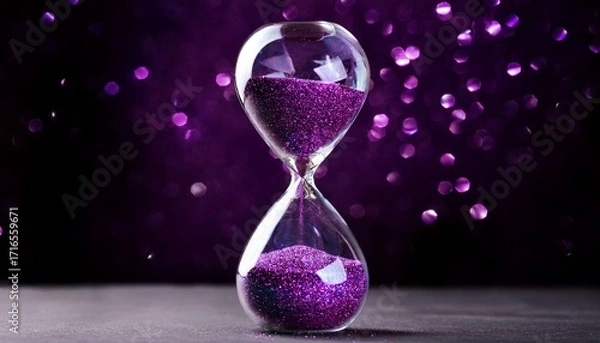 Fototapeta Sparkling Purple Glitter In Hourglass Against Dark Background