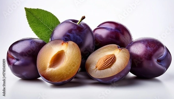 Fototapeta Fresh Purple Plums Isolated On White Backgroundmwhole And Sliced With Green Leaf Perfect For Use In Healthy Recipes And Food Photography