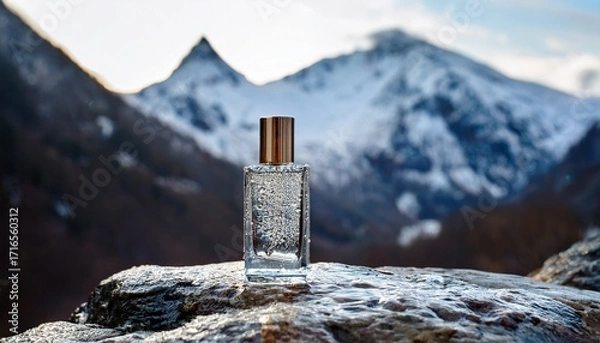 Fototapeta Perfume Bottle With Water Droplets On Rock In Alpine Nature With Snowy Mountains
