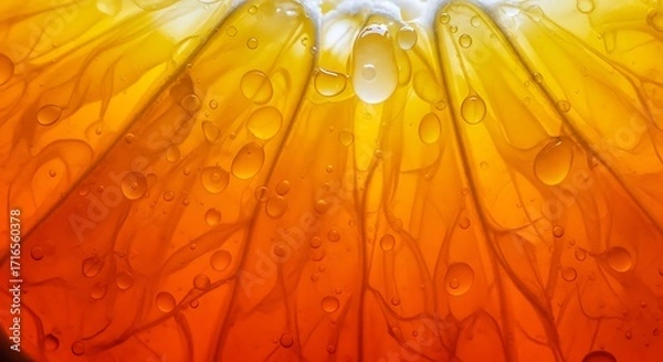 Fototapeta Luminous macro photograph of a backlit citrus slice with glistening juice droplets