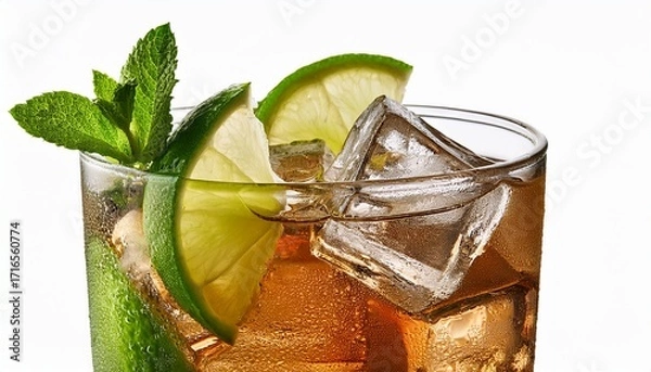 Fototapeta Iced Refreshing Drink With Lime Perfect For Hot Summer Days Cool Beverage With Ice Cubes Isolated On White