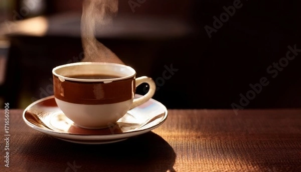 Fototapeta Coffee Cup Steams On Saucer Morning Beverage On Table