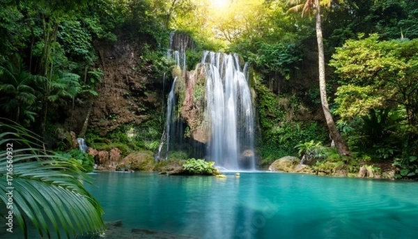 Fototapeta A Majestic Waterfall Cascading Into An Emerald Lagoon Surrounded By Exotic Flora