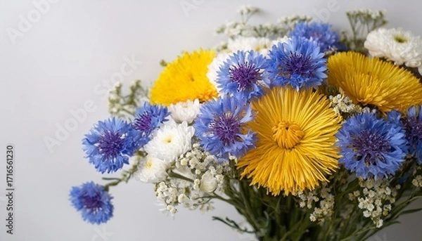 Fototapeta Colorful Bouquet Of Statice Flowers In Yellow Blue And White Colors On Light Background