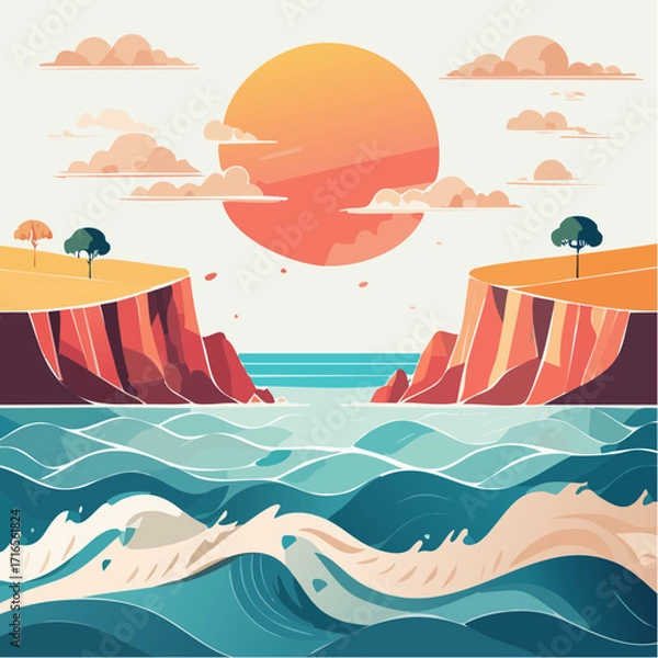 Fototapeta Minimalist vector illustration of a vibrant seascape with a large setting sun between two dramatic cliffs and rolling ocean waves