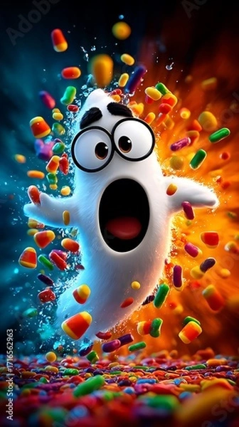 Fototapeta cartoon ghost surprised by flying colorful candies in an explosive scene3d rendered illustration of a human skull