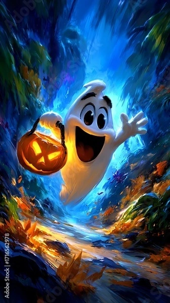 Fototapeta happy cartoon ghost holds a glowing pumpkin lantern while flying through a magical forest.