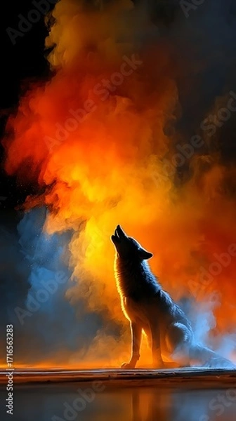Fototapeta lone wolf howls toward the sky, surrounded by swirling fire and smoke