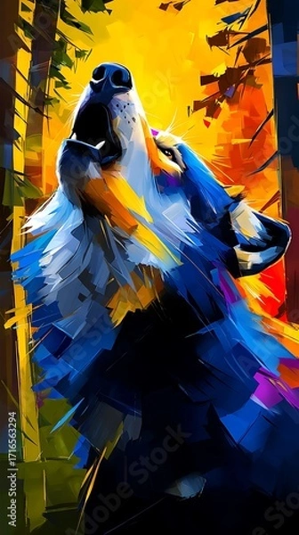Fototapeta brightly colored wolf howls in a forest beneath a golden fiery sky.