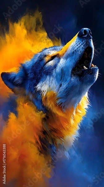 Fototapeta blue wolf howls as fiery orange smoke swirls around its head.