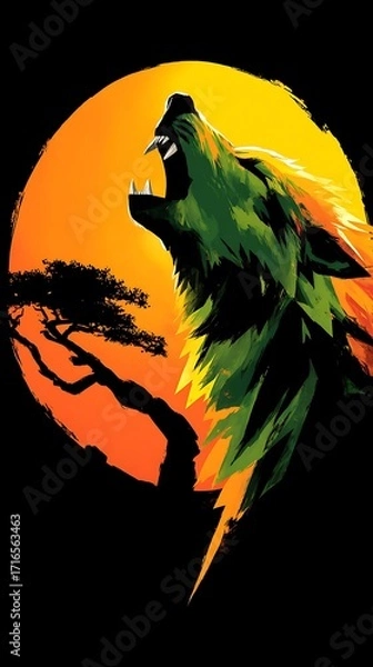 Fototapeta stylized green wolf howls against a blazing orange sunset with a lone tree silhouette.